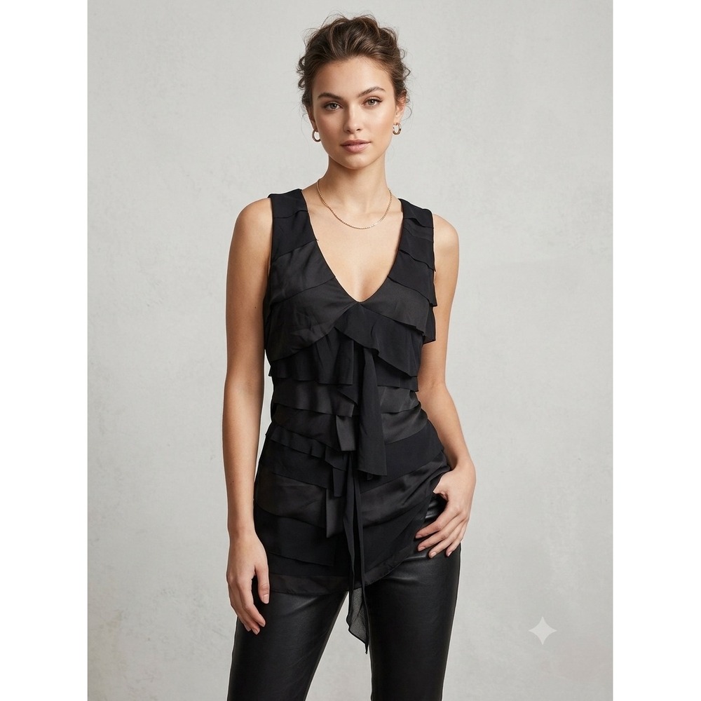 Philosophy Republic Clothing Black Tiered Ruffle V-Neck Sleeveless Blouse Medium